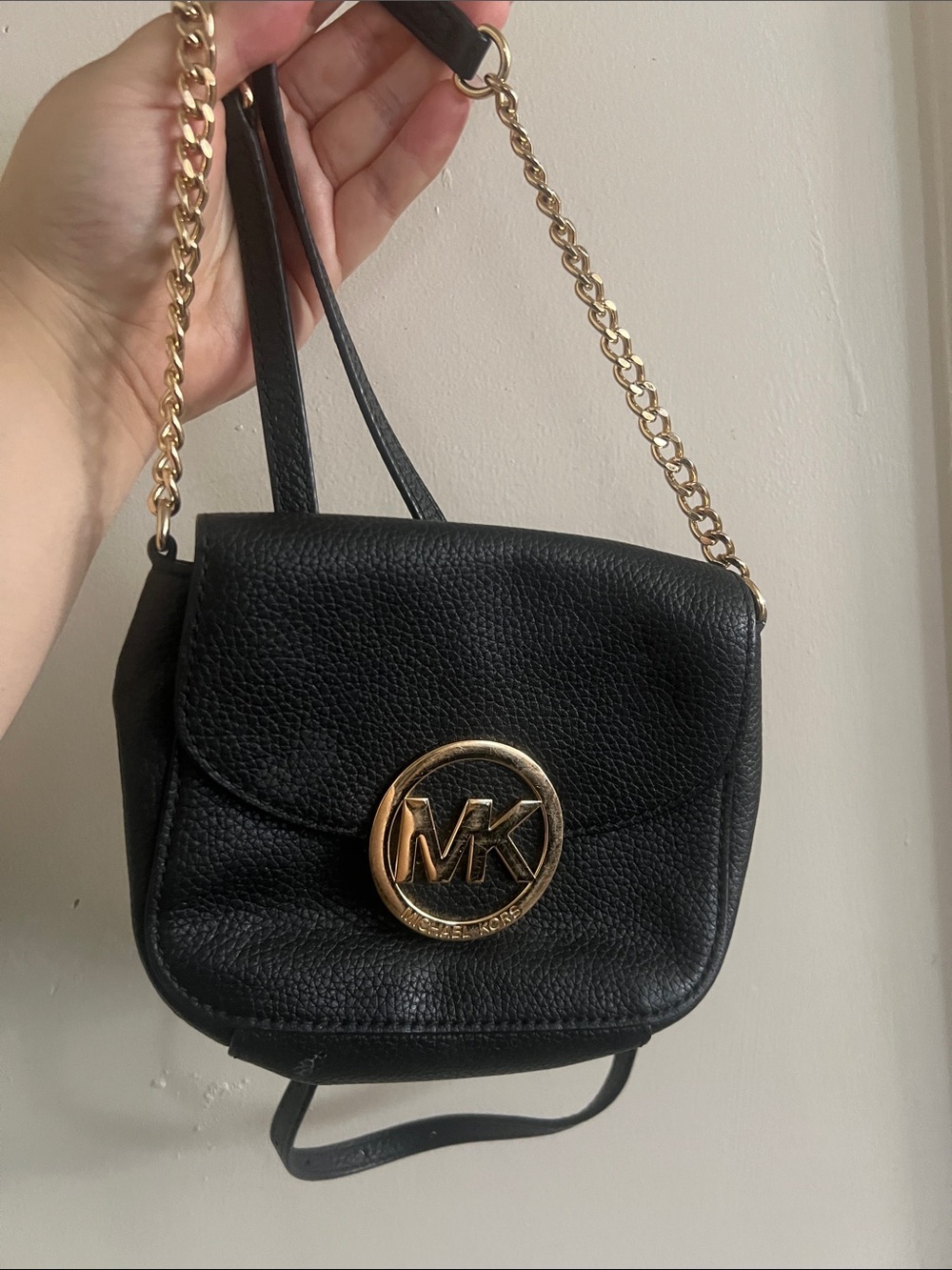 Michael Kors Black Pebbled Leather Crossbody with Gold MK Emblem